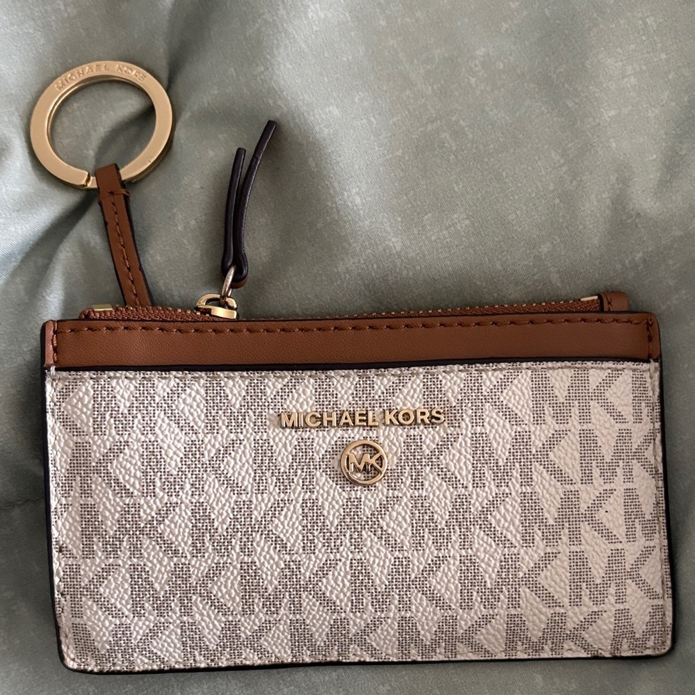 Michael Kors Beige and Brown Monogram Keychain Wallet